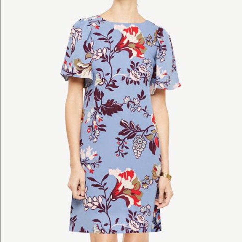 Ann Taylor Floral Flutter Sleeve Shift Dress Blue